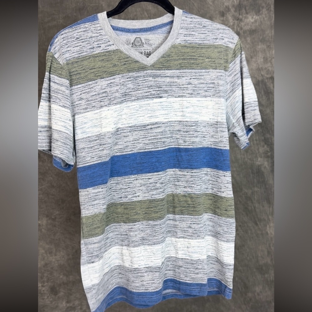 American Rag Striped V-Neck Tee | Blue Green Grey | Size M